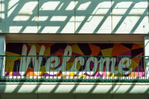 A colourful welcome sign