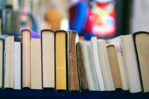 a horizontal stack of books on a shelf