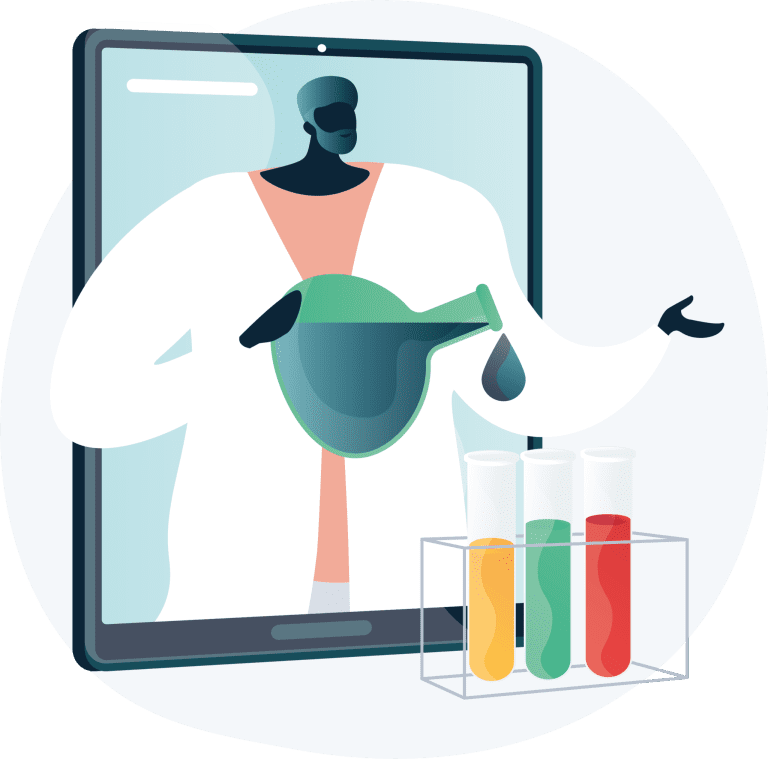 An illustration of a scientist filling up test tubes