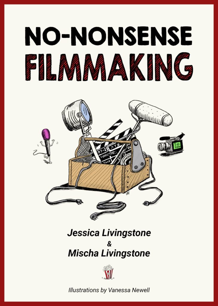 cover of no-nonsense filmmaking showing lighting, filming and sound gear in a box