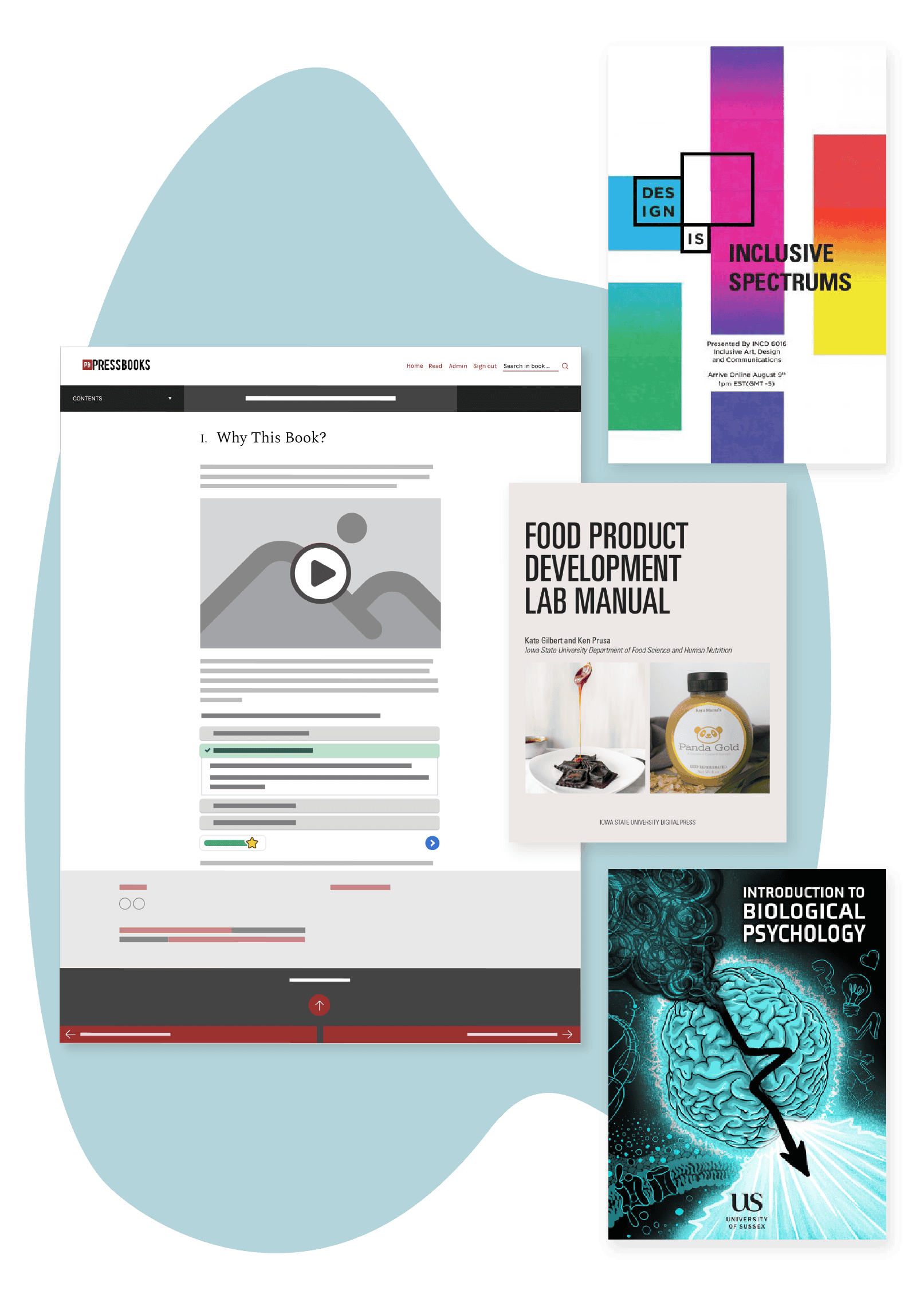 illustration of the Pressbooks interface with several book cover examples