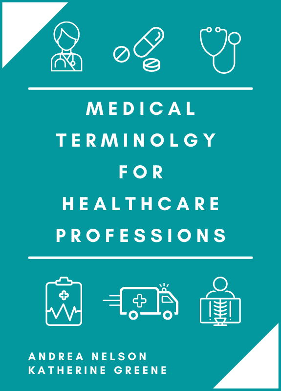 teal book cover with white illustrations of healthcare related things (ambulance, nurse, xray and more)
