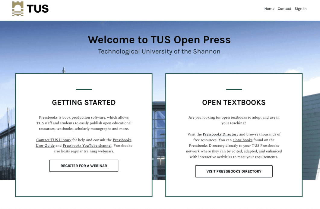 homepage of TUS open Presbooks