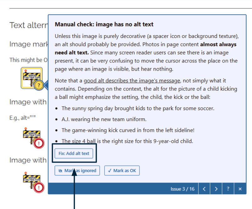 screenshot of the Pressbooks accessibility authoring tool widget with new autofix functionality