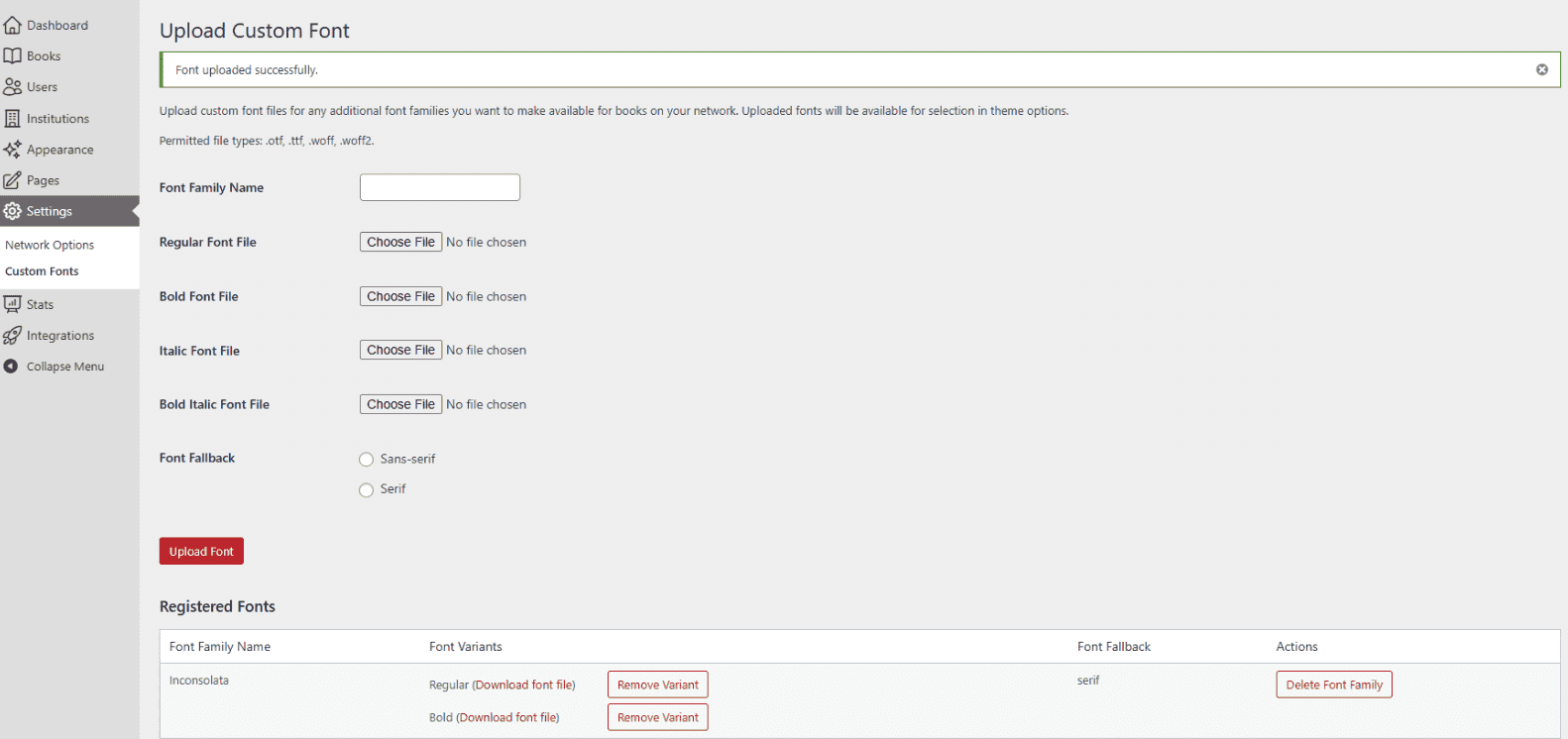 screenshot of the network settings to upload a custom font