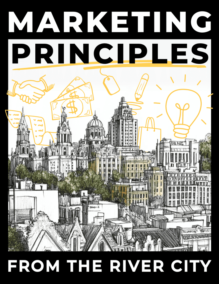 Textbook cover with illustrations of the river city skyline