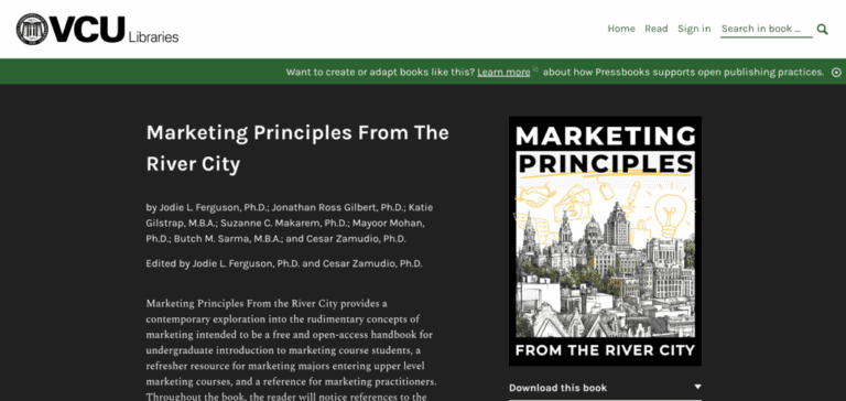 Book homepage for Marketing Principle from the River City showing the book cover and description