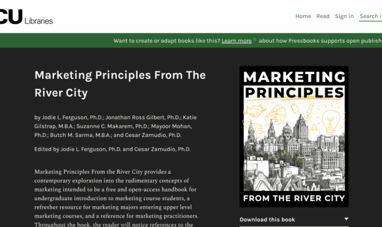 Book homepage for Marketing Principle from the River City showing the book cover and description