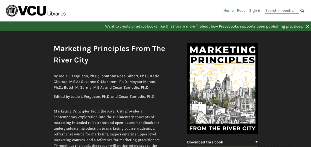 Book homepage for Marketing Principle from the River City showing the book cover and description