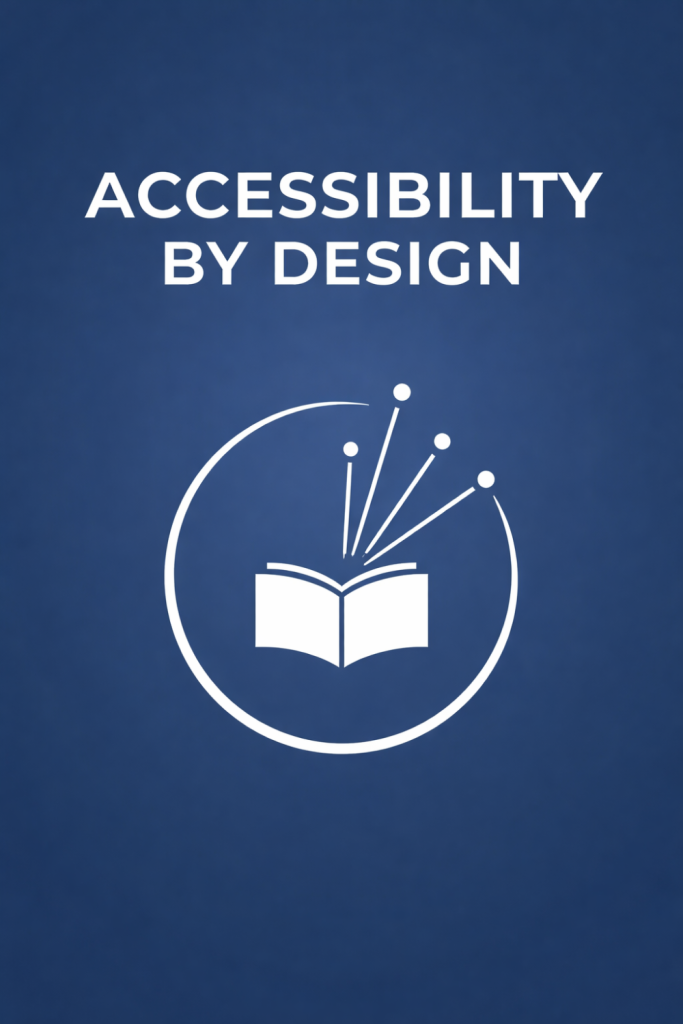 book cover for accessibility for design showing blue background with a white illustration of a book