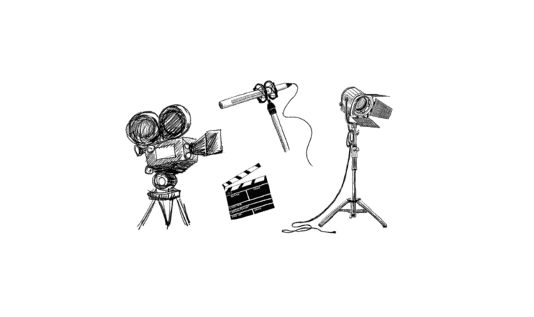 illustration of a camera, mike, light and a clapperboard