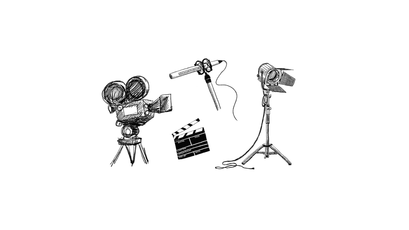 illustration of a camera, mike, light and a clapperboard